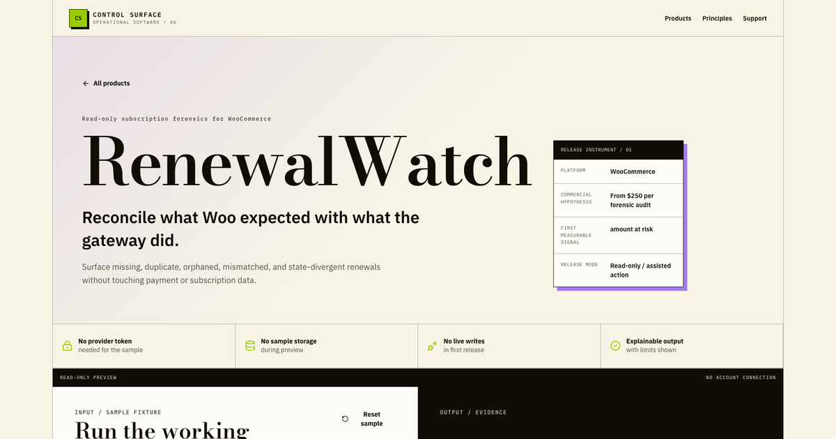 RebillLens sample interface showing WooCommerce renewal reconciliation findings.