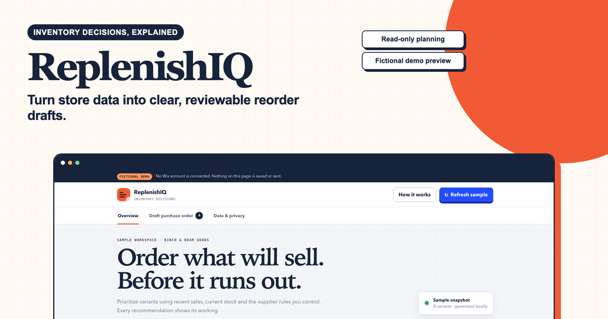 ReplenishIQ sample workspace showing a prioritized stockout and reorder overview.